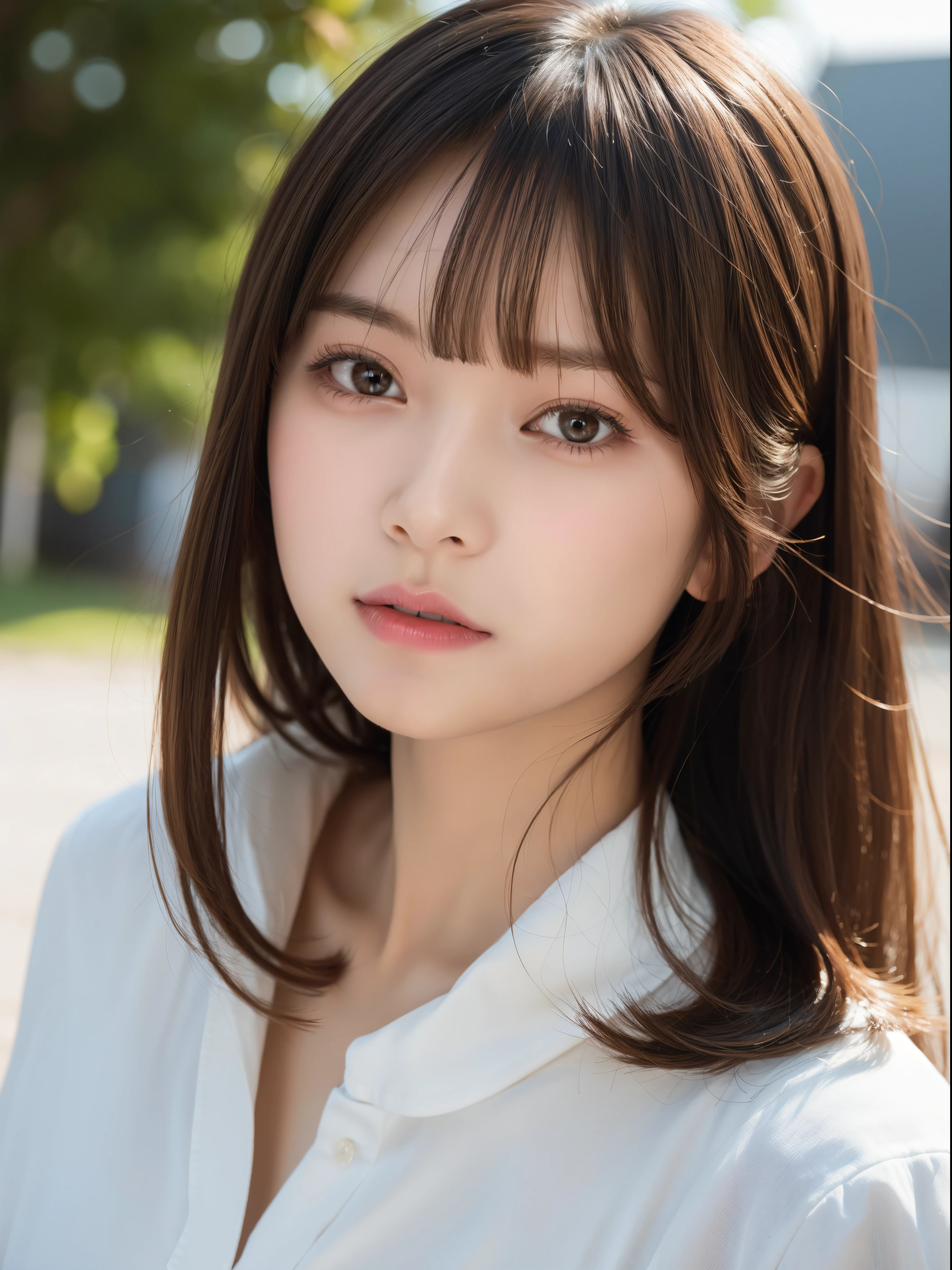 one girls, Soft light, Detailed skin, (Long bangs:1,2), (Medium bust:1.0), (realphoto:1.4), (Best Quality: 1.0 ), (Ultra High Resolution:1.0), 8K, raw picture, (masutepiece:0.2), (PurerosFace_v1:0.5)