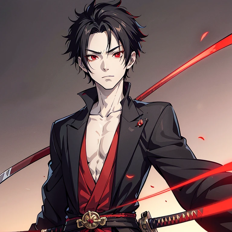 1 men, red eyes, black hair, angry face, master piece, ((master piece)), ((high quality)), ((high detail)), 1 sword, noche, combate pose, white shirt, black vest, hands up