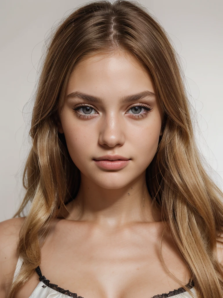 (high quality, ultra-detailed, realistic:1.2), ultra realistic 8k, ultra detailed, vibrant colors, studio lighting.
Clear, very detailed photo of a young, beautiful girl of 27 years. Shot on sony a7lll 85 mm. 3d face model. great detail. She has BLONDE hair, detailed eyes, detailed lips, girl. Has big dark brown eyes. Also have characteristics of a Ukrainian woman. this girl look like Romee Strijd. has plump juicy lips. hair straight, slightly twisted, blonde. portrait on a white background. More blonde hair - airtach. Dark brown eyes. Like real girl with a beautiful smile. More texture. More sharp. Without birthmark