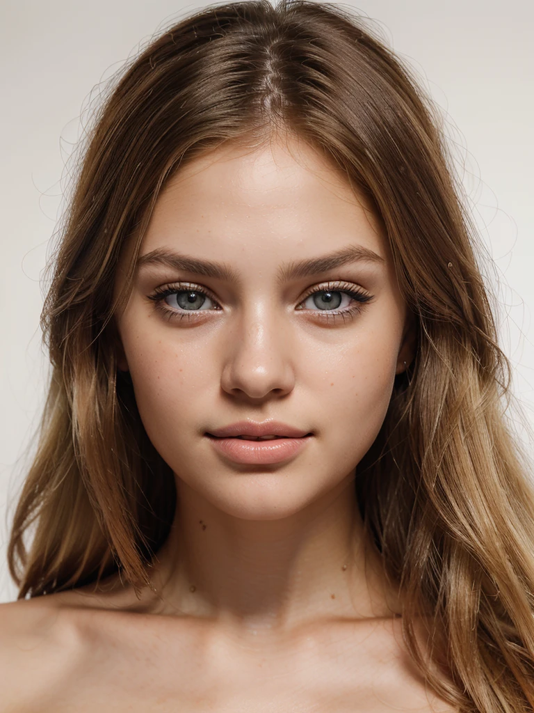(high quality, ultra-detailed, realistic:1.2), ultra realistic 8k, ultra detailed, vibrant colors, studio lighting.
Clear, very detailed photo of a young, beautiful girl of 27 years.  Shot on sony a7lll 85 mm.  3d face model.  great detail. She has BLONDE hair, detailed eyes, detailed lips, girl.  Has big dark brown eyes. Also have characteristics of a Ukrainian woman. this girl look like Romee Strijd. has plump juicy lips.  hair  straight, slightly twisted, blonde.  portrait on a white background. More blonde hair - airtach. Dark brown eyes.  Like real girl with a beautiful smile. More texture. More sharp. Without birthmark