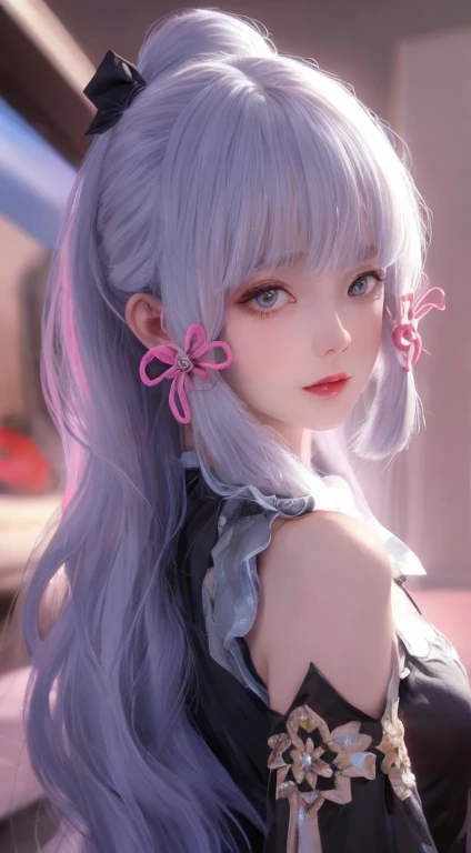 Girl with white hair and black gauze top，high ponytails，pink hair accessorielue colored eyes，Realistic style 4K, Portrait of a beautiful woman, Works of art in the style of Guwitz, Guviz, Realisticstyle. 8K, beuaty girl, stunning face portrait, 8K, Art germ, bokeh, 8k high-quality detailed art