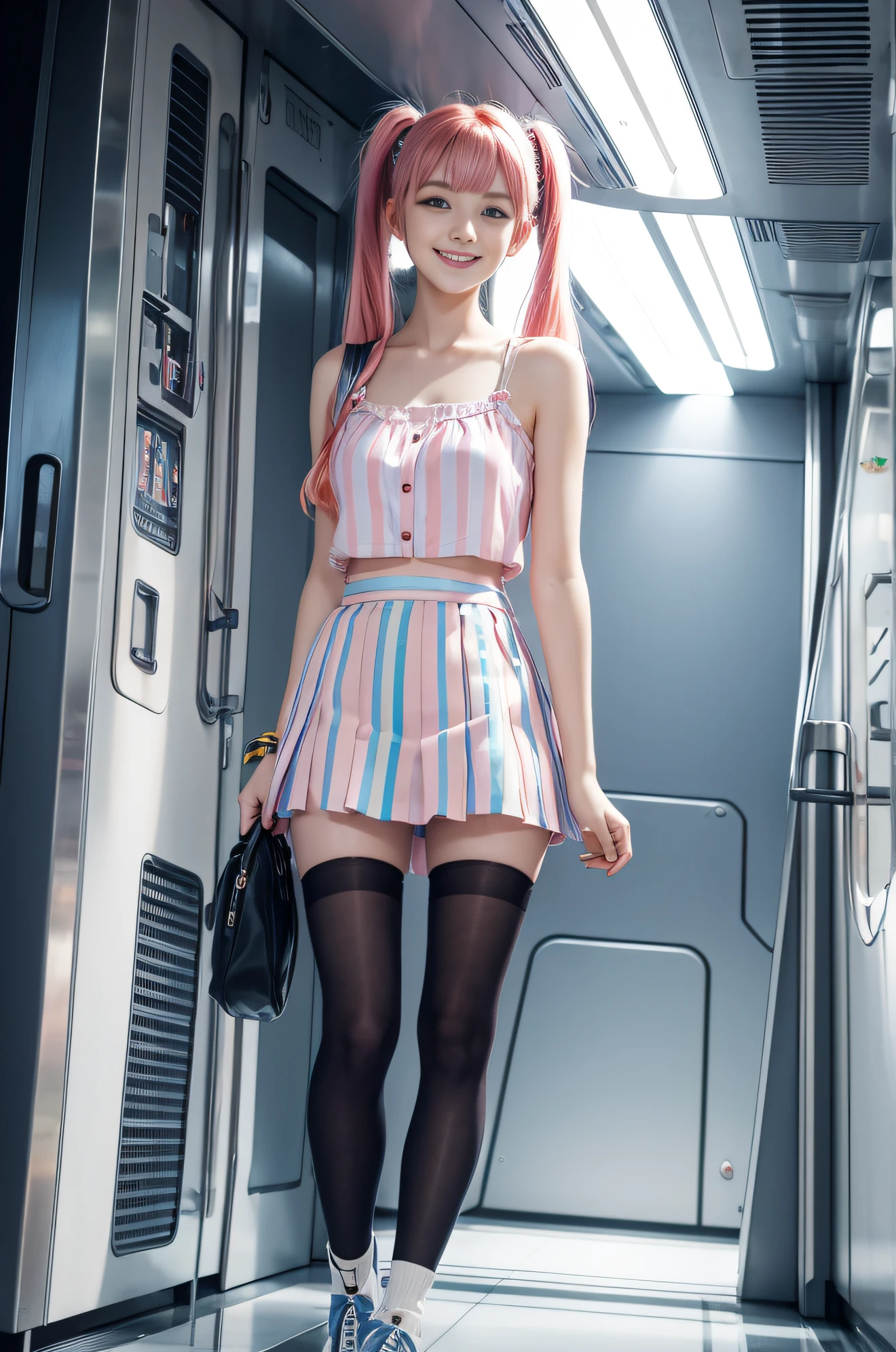 cute redhead with rainbow colored hair tips, ribbons in her hair, 18-year-old woman, happy, smiling, in twin tails, perfect symmetrical eyes, clear sparkling blue eyes, pale skin, silky smooth skin, standing on a fancy metal luxurious space ship, futuristic corridor, dark warm lighting, wearing a chemise over tank top and a pleated silk mini skirt (pastel colors and stripes), wearing full body pantyhose, cute short cut booties.