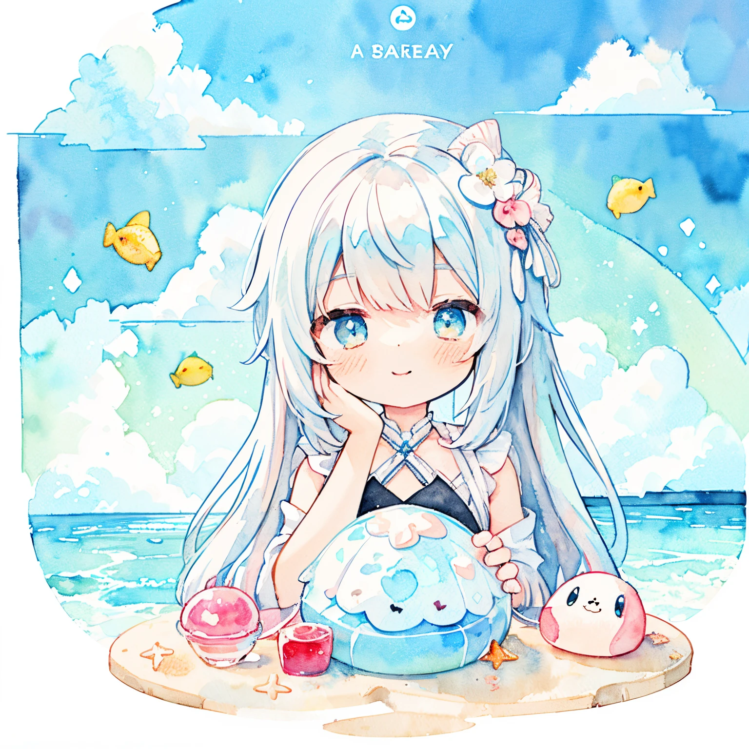 pastel colours:1.5)、(cute illustration:1.5)、(watercolor paiting:1.2)、light blue background、Girl with、Esbian for the whole body、ssmile、stranger、Pale yellow throughout the body、My、Marble、colourful、jelly、jelly girl、Marine scene、Beach、cumulonimbus clouds、The sky、happiness、dressed in a dress、1girl in、letho、coconut