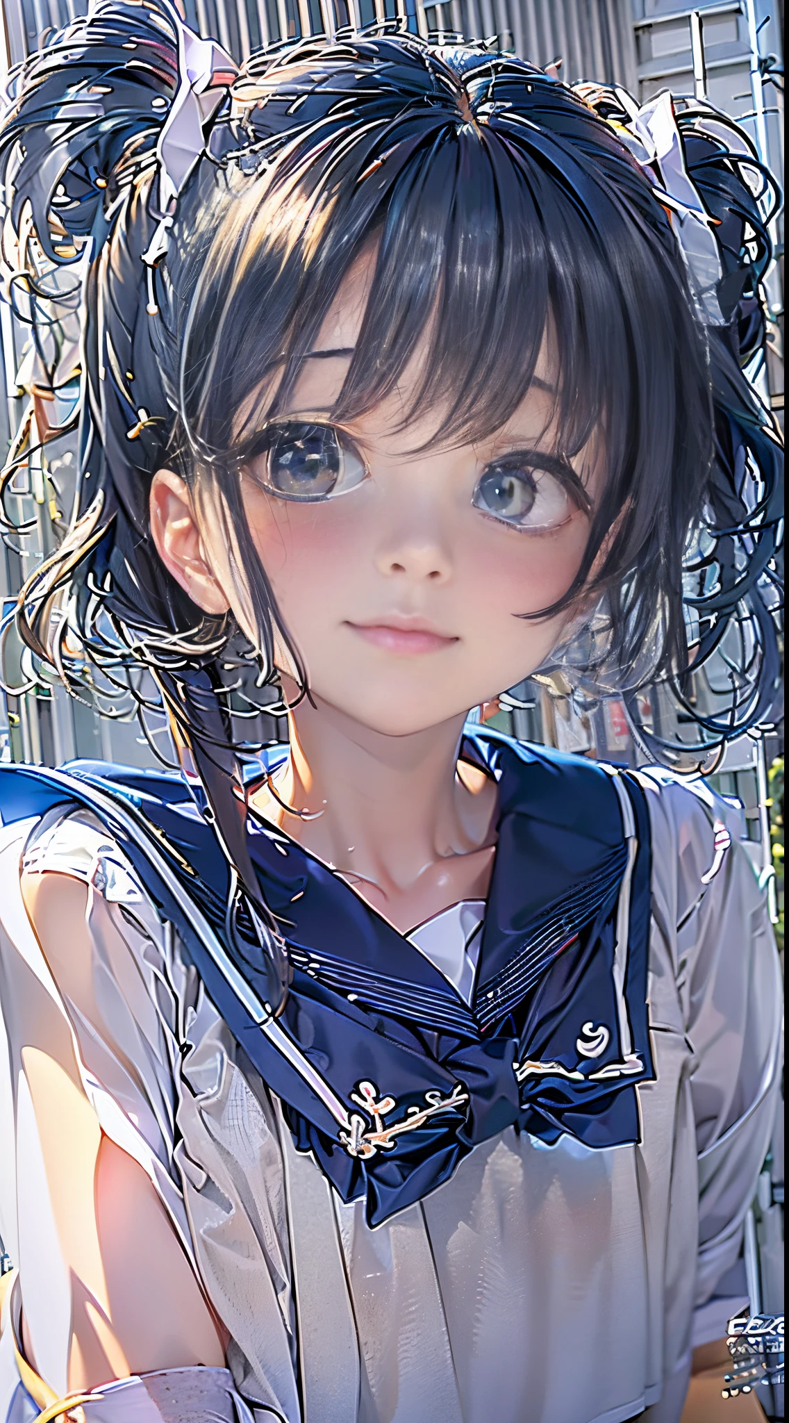 (masterpiece:1.2, Highest quality), (Realistic, photoRealistic:1.4), Beautiful illustrations, (Natural Side Lighting, Cinema Lighting),
View your viewers, 1 girl, Japanese, Junior high school girl, , Perfect Face, cute and symmetrical face, Glowing Skin, thin,
(Mid-length hair:1.2, Half Up:1.4, Light brown hair), Asymmetrical bangs, Brown eyes, Long eyelashes, (Mid-chest:0.7),
Beautiful Hair, Beautiful Face, Beautiful details, Beautiful clavicle, Beautiful body, Beautiful breasts, Beautiful thighs, Beautiful feet, Beautiful fingers, (((Panties are visible))) ((Very large saggy tits)), ((In underwear、White lace underwear))((Fullback panties))Underarm , Slightly , Very large breasts, Full body angle, 14 year old woman , Thick thighs
((Detailed cloth texture, Short sleeve white collar shirt, Blue pleated mini skirt, Blue bow tie)),
(Beautiful views), evening, (River side), Are standing, (cute, cute smile, Upward glance),
