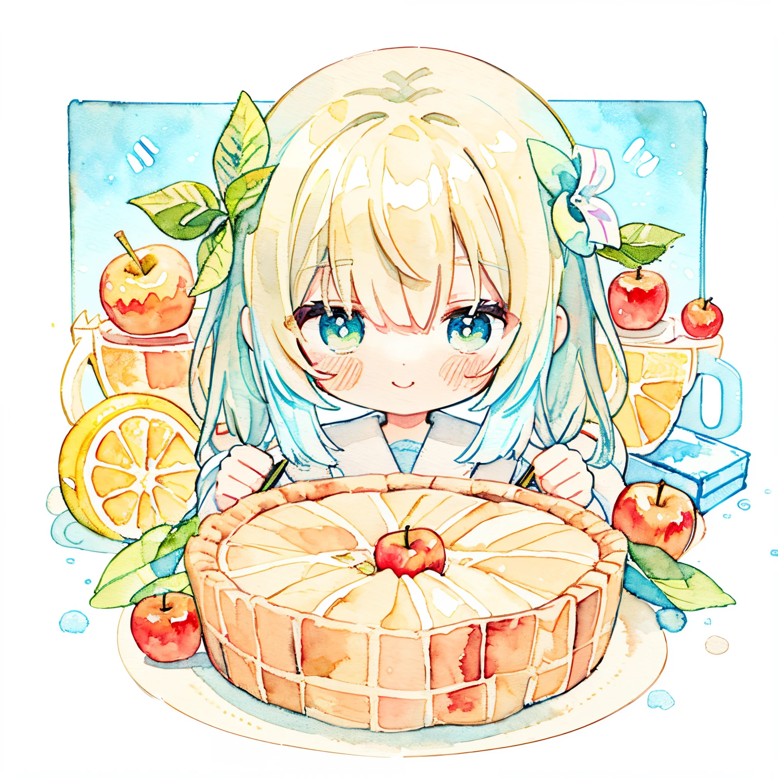 pastel colours:1.5)、(cute illustration:1.5)、(watercolor paiting:1.2)、light blue background、Girl with、Esbian for the whole body、ssmile、stranger、Pale yellow throughout the body、My、Marble、colourful、jelly、an apple、Apple slicing、Uncut blonde hair、Cyan eyes、apple pie、a little mint