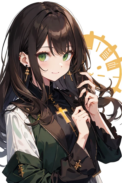 beautiful illustration, beste-Qualit , dark brown long hair, Messy bangs, dark green eyes, black blouse with white and black sleeves, smiley face on the jacket, Earring-cross,