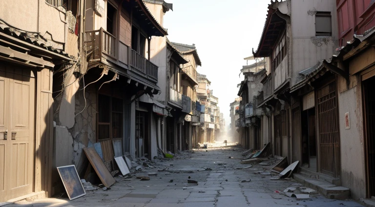 The old city about to be demolished:
Describe the scene in the old town,Including the emptiness of streets and alleys、Scene of ruin、Ruins, broken walls, etc.。
Mention that the original residents have moved out,The streets become deserted,The lively atmosphere disappears