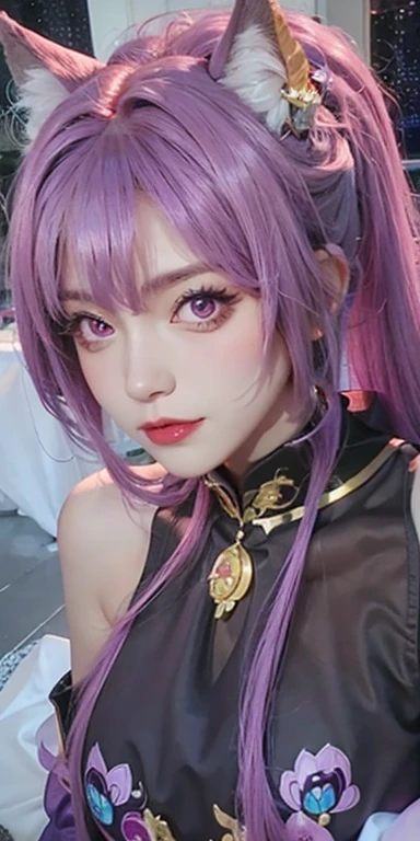 1 sister,humongous large breast, Purple colored hair,double-ponytail,purpleeyes,Tailed fox, high high quality, ultra - detailed, tmasterpiece, actual,Black silk translucent clothing,