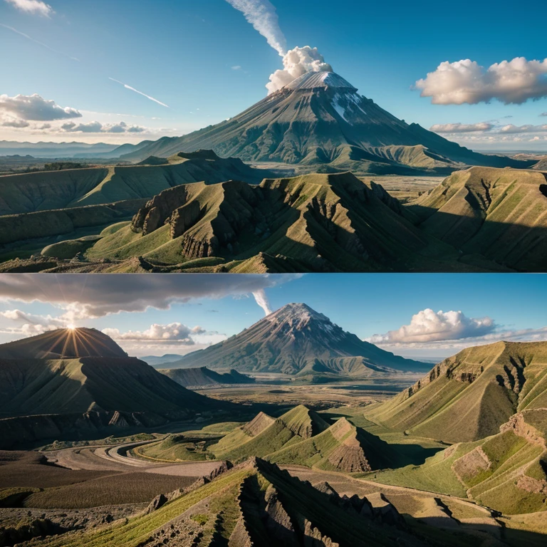 Beautiful prehistoric landscape with different kind of dinosaurs, flying dinosaur, volcano mountain, lake