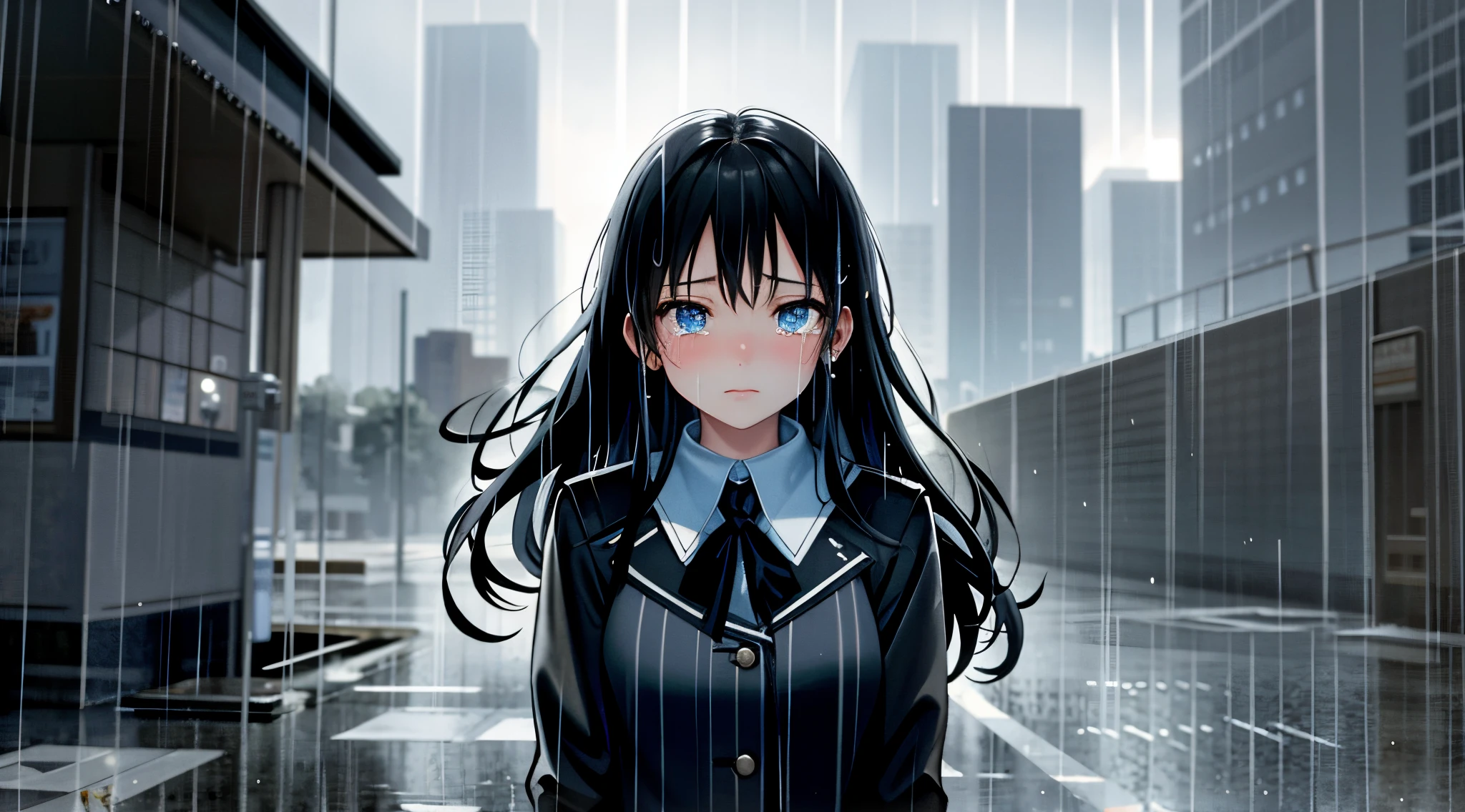 High resolution, very detailed, detailed background, movie lighting, outdoor, cloudy, rain, 1 girl, tears, sad expression, rain, beautifull shinning eyes