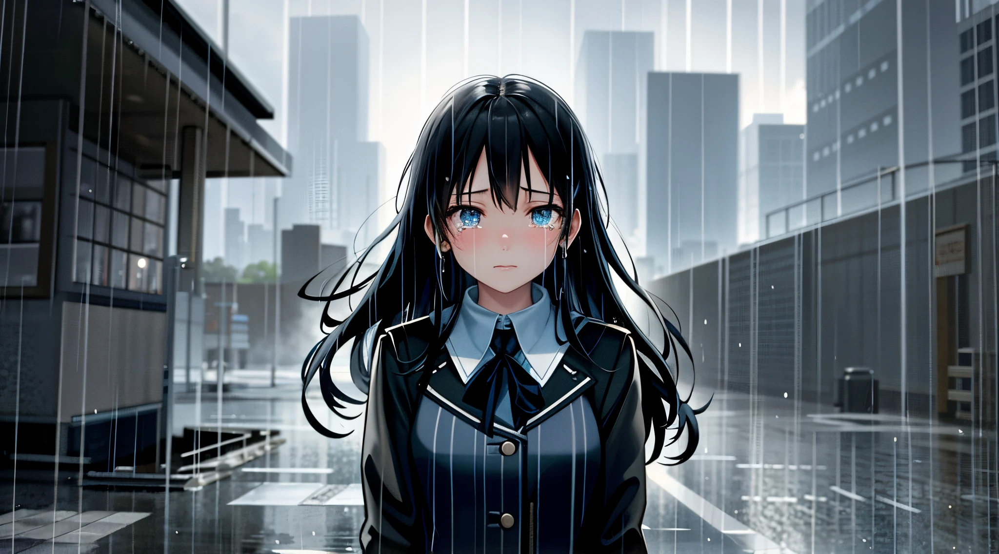 High resolution, very detailed, detailed background, movie lighting, outdoor, cloudy, rain, 1 girl, tears, sad expression, rain, beautifull shinning eyes