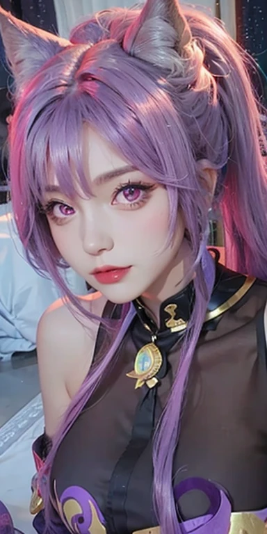 1 Sister,super huge tits, Purple colored hair,double-ponytail,purpleeyes,Tailed fox, high high quality, ultra - detailed, tmasterpiece, actual,Black transparent clothing