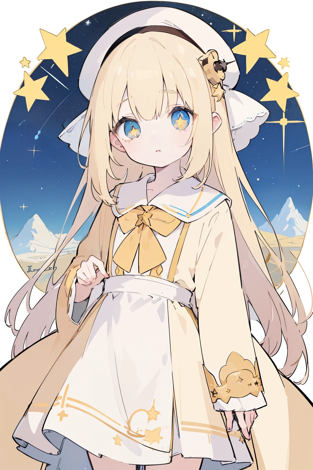 (Best Quality)),((masutepiece)),((Ultra-detailed)),(illustartion),(detailed light),(extreamly delicate and beautiful),(8K、1girl in、Lorvery hair、Yellow dresses based on eyes、Dresses with stars、robes, easy to check in、(Brown training area 、Upper torso、gentle eyes、starry eyes、Stars in the eyes、viewer's gaze、Long、adventure hat、Pilot's cap、