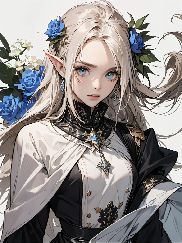 detailed game character art、((Best Quality)), ((masutepiece)), (Detailed), Perfect face,(cowboy  shot), Beauty Elf,black gothic full plate mail (Devil's Knight:0.8),Beauty Elf, (((Very long straight hair、Very straight hair)))、 Perfect body, Highly detailed face and eyes, Perfect lips, (White blonde hair, Deep Blue Eyes:1.2),(Intricate and beautiful decoration [Dense detail]),