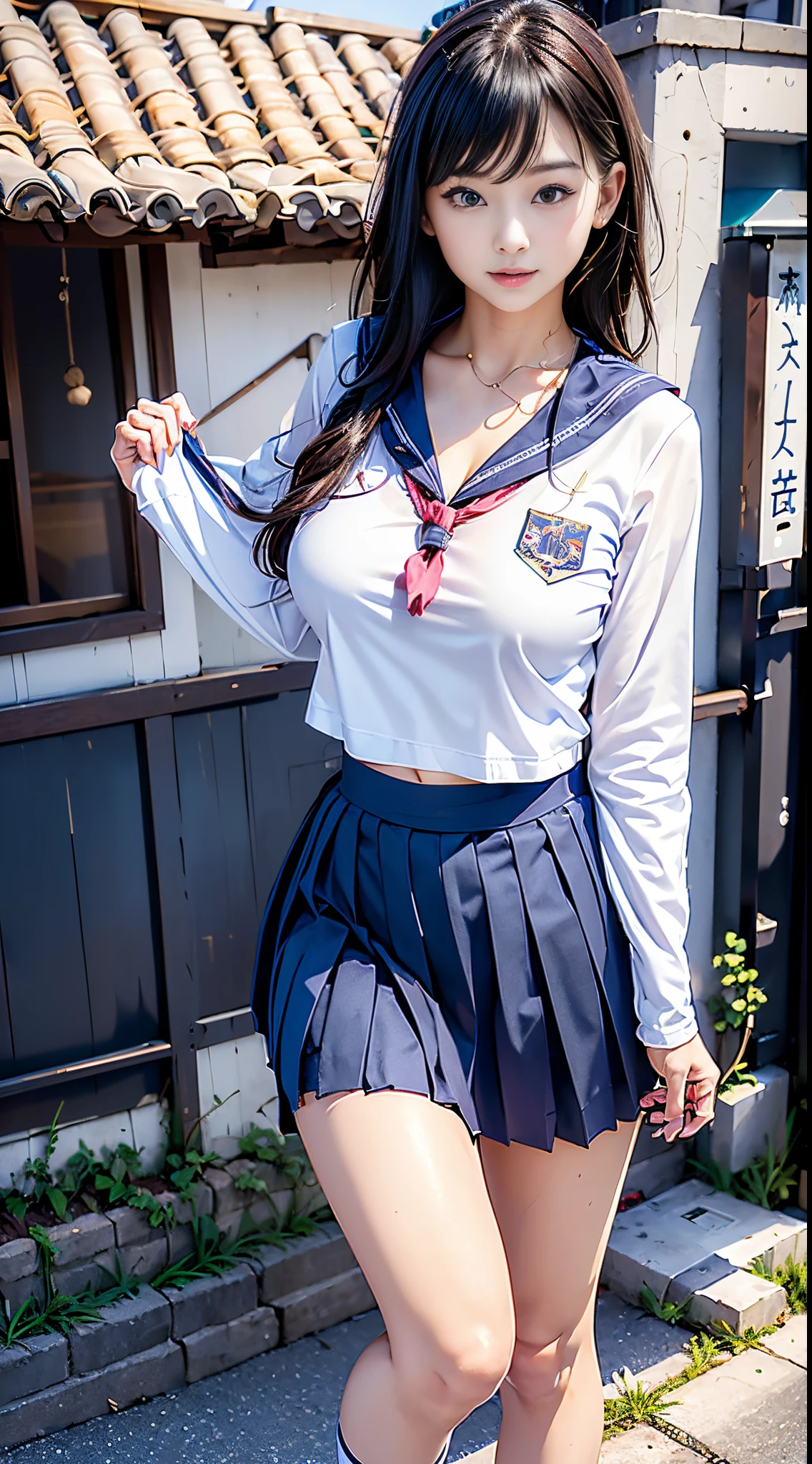 A young woman with very large breasts wearing a sailor suit,Her nipples are visible through her sailor uniform,Her underboobs are visible through her short sailor uniform,The zipper in the front is open, exposing her cleavage.,Long hair gives a young and adult feel,Young eight-headed woman,A scene where she has a calm expression and a gentle sidelong glance,Has long black hair,In the background, a girl is running down a school corridor with her short skirt fluttering.,She has a modest smile


