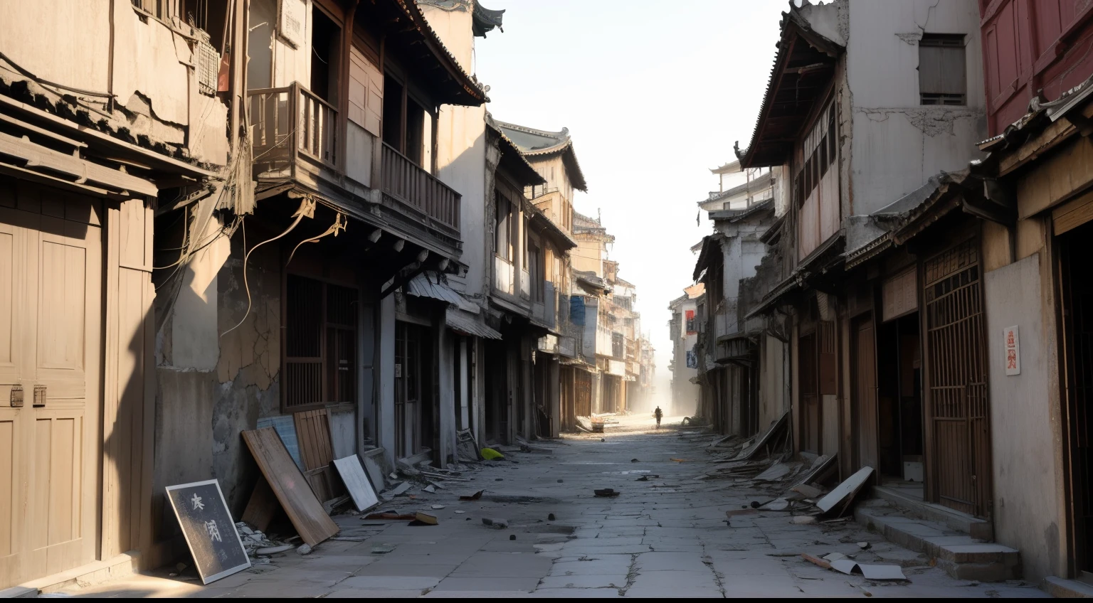 The old city about to be demolished:
Describe the scene in the old town,Including the emptiness of streets and alleys、Scene of ruin、Ruins, broken walls, etc.。
Mention that the original residents have moved out,The streets become deserted,The lively atmosphere disappears