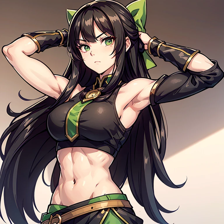 1girl, muscular, tall long black hair, green eyes, has a bow, 6 pack, archer build, crop top, arm band