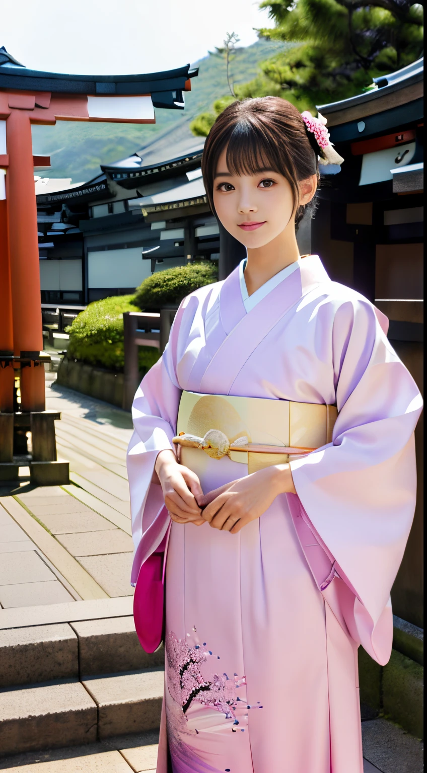 White kimono、pink Japanese pattern、(furisode:1.5)、tabi、(top grade)、1人の女性、sixteen years old、full body Esbian、A dark-haired、Bunching your hair back、(reallistic:1.7)、((Top image quality))、absurderes、(超A high resolution)、(Photorealsitic:1.6)、Photorealsitic、octane renderings、(hyper realisitic:1.2)、(photorealiscic face:1.2)、(8K)、(4K)、(masterpiece)、(realistic skin textures)、(illustratio、Cinematographic lighting、wall-)、(beautidful eyes:1.2)、((((face perfect))))、(Cute face like an idol:1.2)、( Standing)、shrines、torii gate、(1 moon)、Detailed cute face、Realistic Beauty、A smile、
