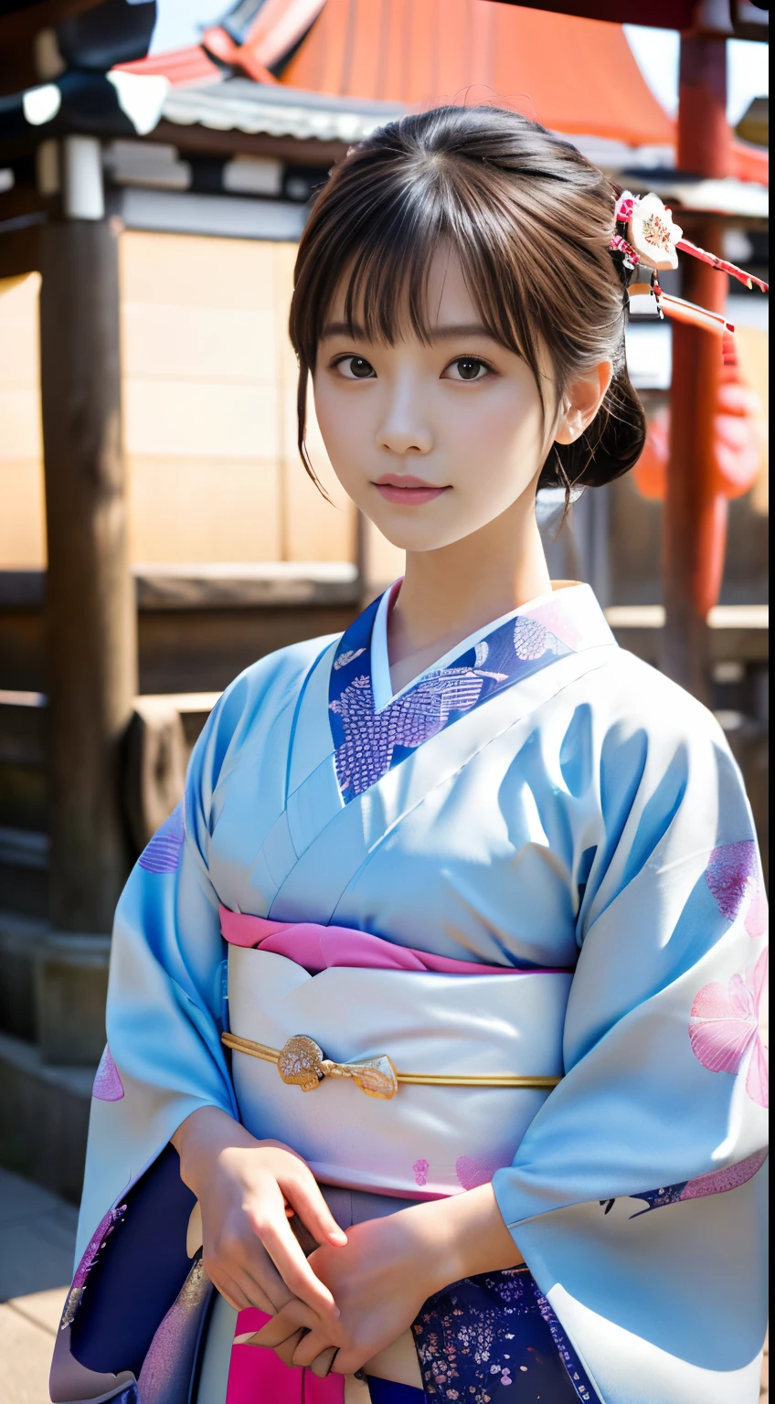 White kimono、pink Japanese pattern、(furisode:1.5)、tabi、(top grade)、1人の女性、、full body Esbian、A dark-haired、Bunching your hair back、(reallistic:1.7)、((Top image quality))、absurderes、(超A high resolution)、(Photorealsitic:1.6)、Photorealsitic、octane renderings、(hyper realisitic:1.2)、(photorealiscic face:1.2)、(8K)、(4K)、(masterpiece)、(realistic skin textures)、(illustratio、Cinematographic lighting、wall-)、(beautidful eyes:1.2)、((((face perfect))))、(Cute face like an idol:1.2)、( Standing)、shrines、torii gate、(1 moon)、Detailed cute face、Realistic Beauty、A smile、