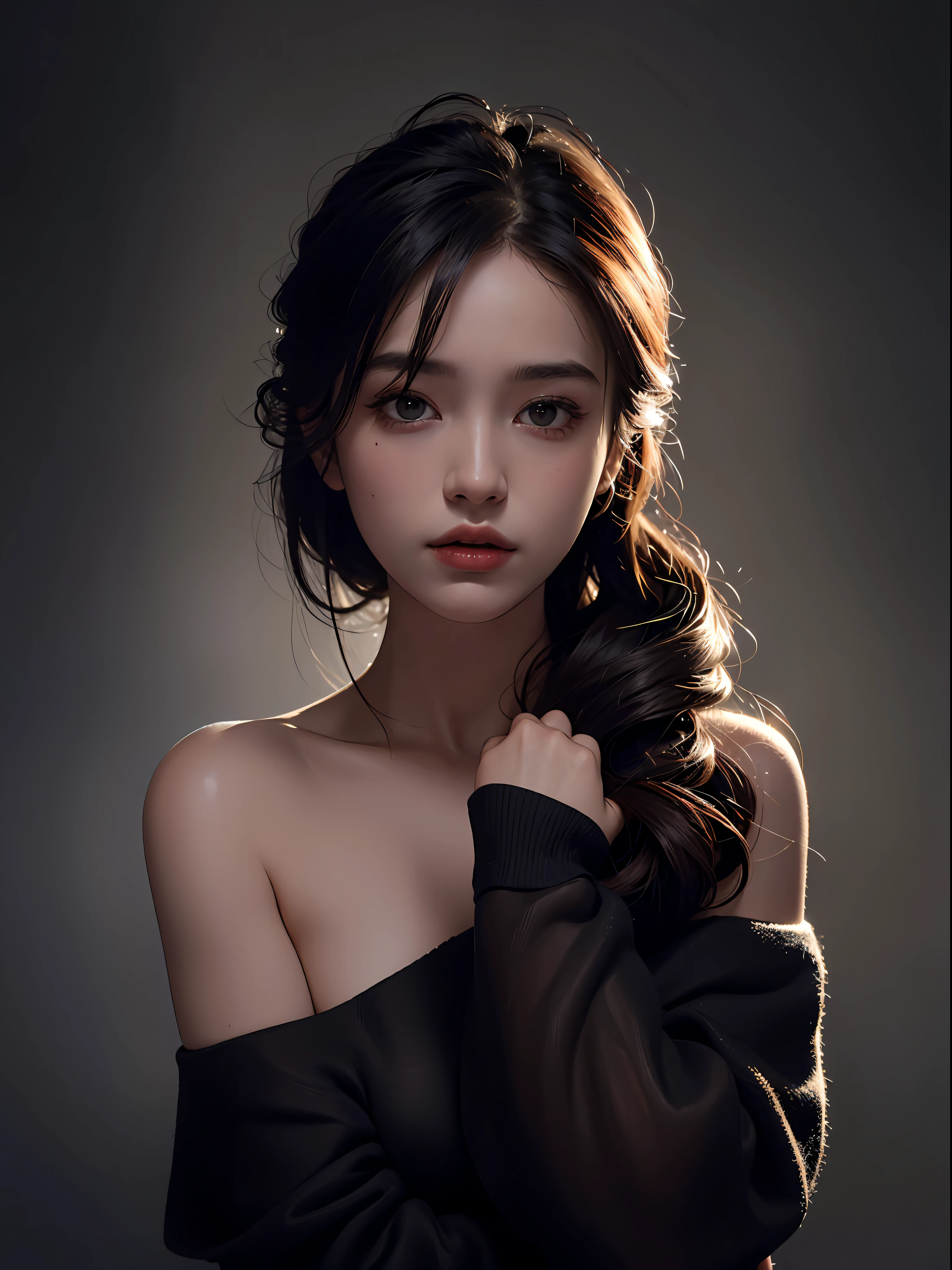 Best quality, masterpiece, ultra high res, (photorealistic:1.4), raw photo, 1girl, offshoulder, in the dark, deep shadow, low key, cold light