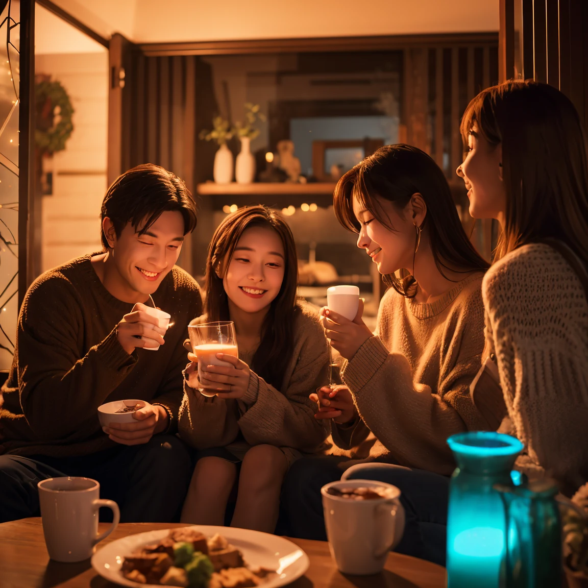 Anya from Spy X Family relishes a cozy moment, sipping hot chocolate with her mom and dad under the enchanting glow of a full moon at their home. Render this scene in an anime style, emphasizing Anya's expressions and the warmth of the family bond