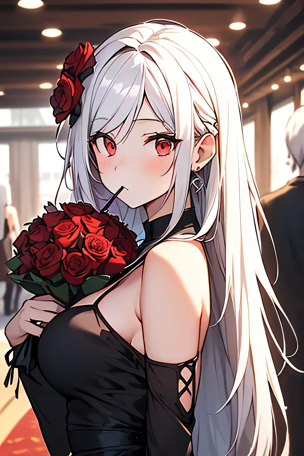 (Best quality, tmasterpiece), (1 busty girl, own, Black dress, Eternal , looking at viewert, White hair, red eyes, holding roses, close your mouth, upper part of body), (There  a red dream catcher behind, red flower, )，One daughter