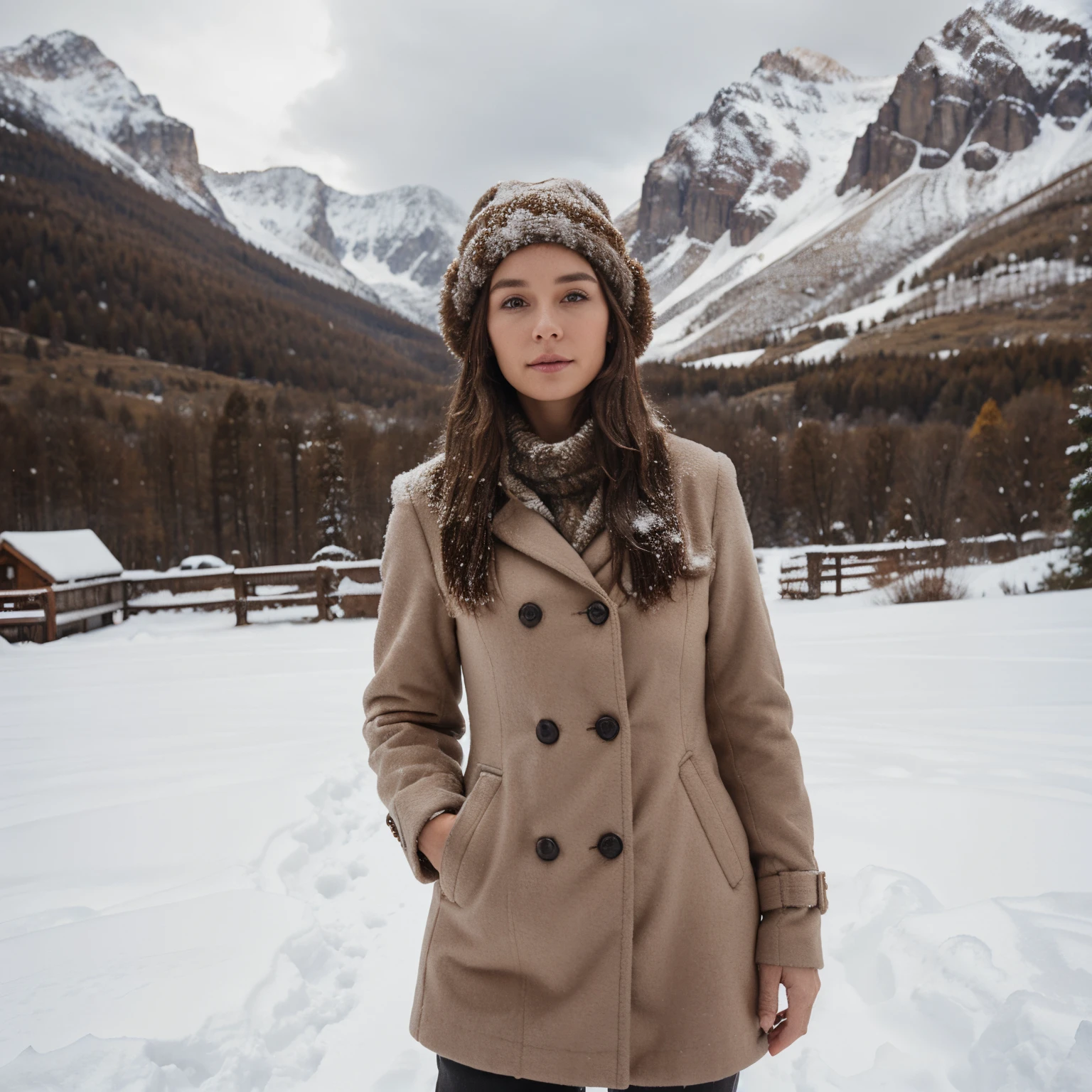 35 years old woman, with shoulder-length brown hair, standing in the snowy mountains, Medium build, 4k, stands upright, in a hat, dressed in a winter suit