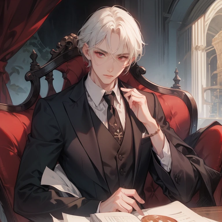 male handsome, wears herringbone tweed material, dark waistcoat, stacked long coat with white short hair, red eyes, background castle in deep ocean