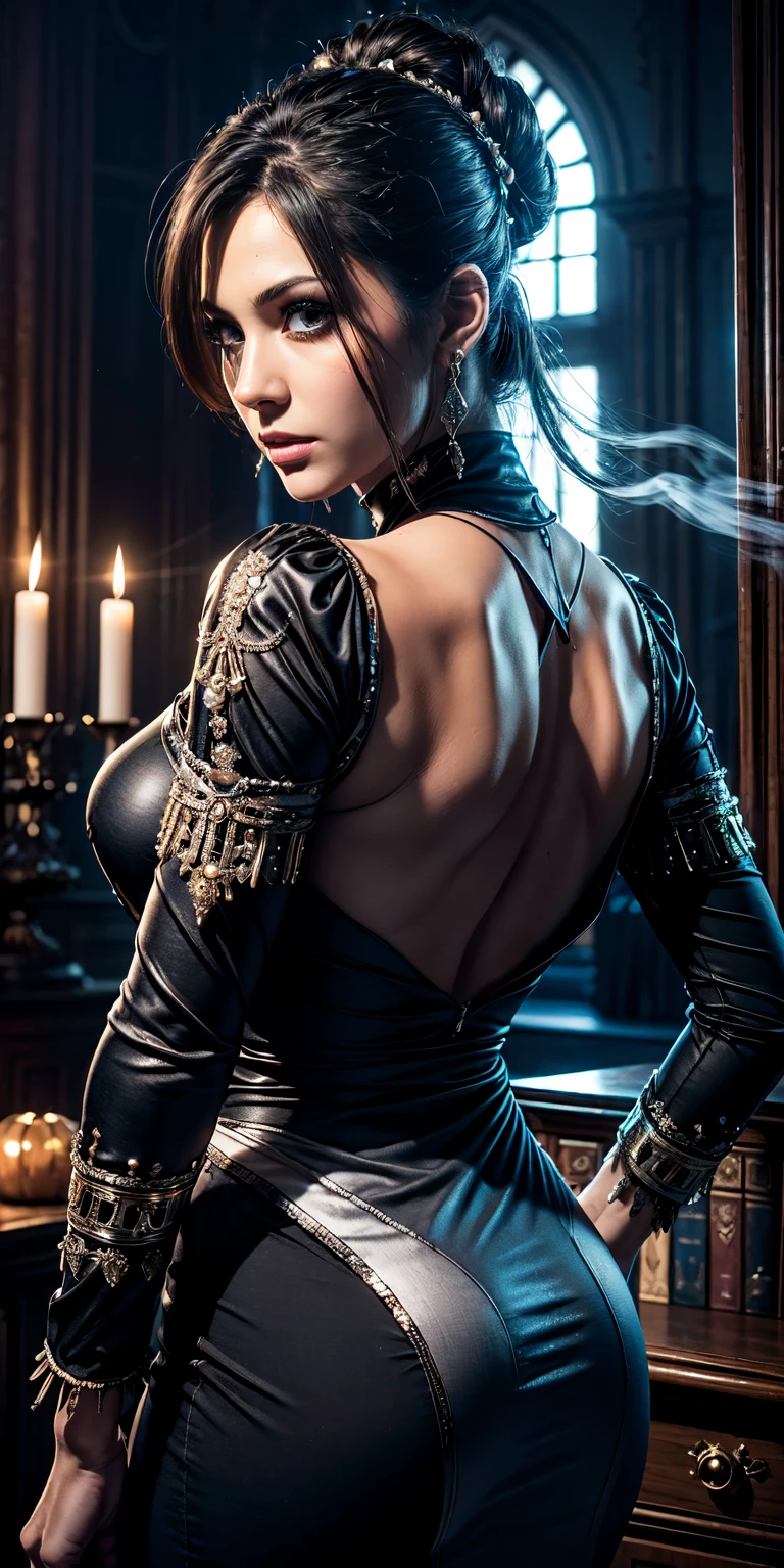 Hyper realistic super detailed sexy Chun Li , expressions faciales sexy, seductive facial expressions, [:(Face detail: 1.4): 0.4], 16K resolution, 4k resolution, (Ventre plat parfait), (image couleur), BREAK I. Outfit: Elegant, enchanting, long and fitted dress, plunging back, deep neckline, long lace sleeves, belt adorned with mystical symbols, high-heeled boots, black and silver jewelry.
II. Venue: Gothic castle, dark and mysterious atmosphere, dim lighting with chandeliers, library full of old grimoires, mirrors framed with magical motifs, incense-scented candles, mystical mist floating in the air.
III. Decoration: Gothic ambiance, dim lighting with violet and blue lights, refined furniture with touches of black and silver, black velvet drapes, mirrors adorned with witchcraft motifs, lavender-scented candles, BREAK, looking at viewer, masterpiece, best quality, highly detailed, desire, blush, (Beautiful and detailed eyes description), (beautiful and detailed face), Perfect female body, (Best Quality), (ultra-detailliert), (masuter piece), (hight resolution), (Original), (the Extremely Detailed CG Unity 8K Wallpapers)