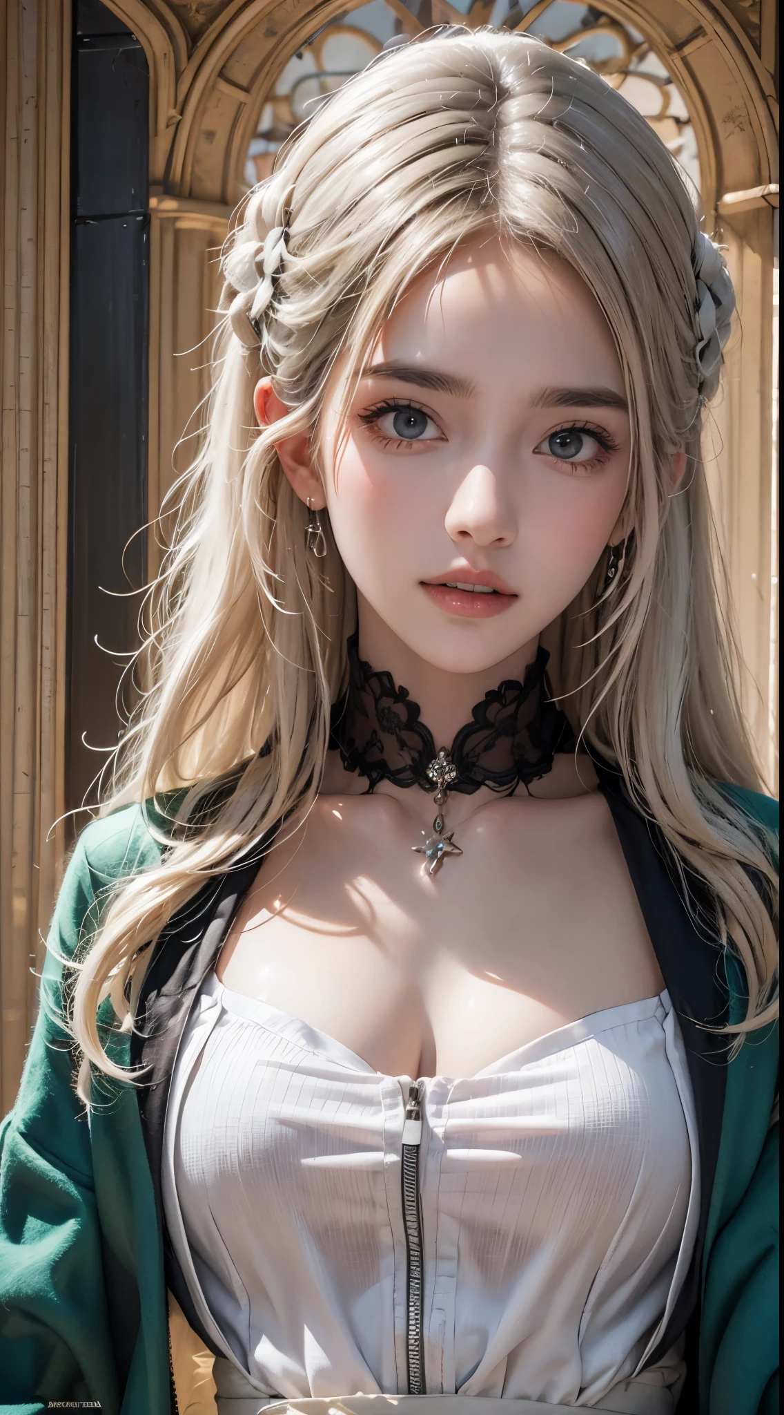 photoreallistic, High resolution, 1Femmes, seulement, Hanches vers le haut, Regarder le spectateur, (Detailed face), Uniforme de Poudlard, Hogsks, Serpentard