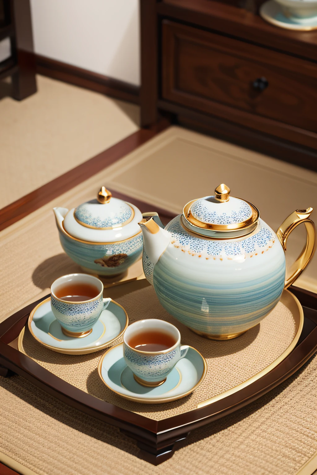 tea set，Beautifully patterned tea sets，The colors match well，The display effect  pleasing to the eye.，china idol，ceramics，succinct，super detailing，tmasterpiece，Epic work