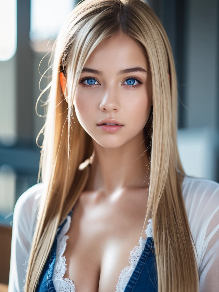 "(Best Quality,High resolution,Ultra-realistic:1.2),Detailed Focus,Realistic portraits,Delicate art,1girl,21yo,blonde_hair,Beautiful blue eyes,Wavy blonde twin tails,very_long_hair,hair_ornament red,hair_scrunchie red, big_breasts,subtle blue eyes,Female beauty,Charming smile,exquisitedetails"modeled、sexypose、beauty legs、white shirt, open shirt, Nipples, blue jeans shorts, belt red, wearing black socks, thighhigh socks