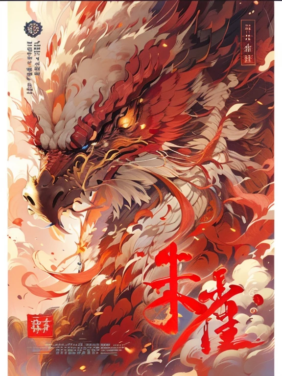 A poster of a red-headed eagle and Chinese characters, author:Hero, fiery eagle, red eagle, by Liang Kai, bian lian, author:Kan Lee, phoenix dragon, Crested, very detailed bd cover, drak, author:Yang Borun, official artbook, G Liulian art style, liang xing, Tengu mask,Blay movie poster,Shinkai sincerely