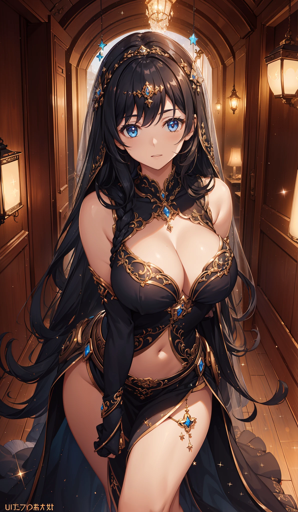 1 girl, (((ultra - detailed))), ((tmasterpiece)), ((lamplight)) , Starlight Virgin, Black gorgeous dress, Curvy woman, veils, sliver long hair, White skin of the, The mysterious atmosphere of stars in the night sky, chest circumference, view the viewer，