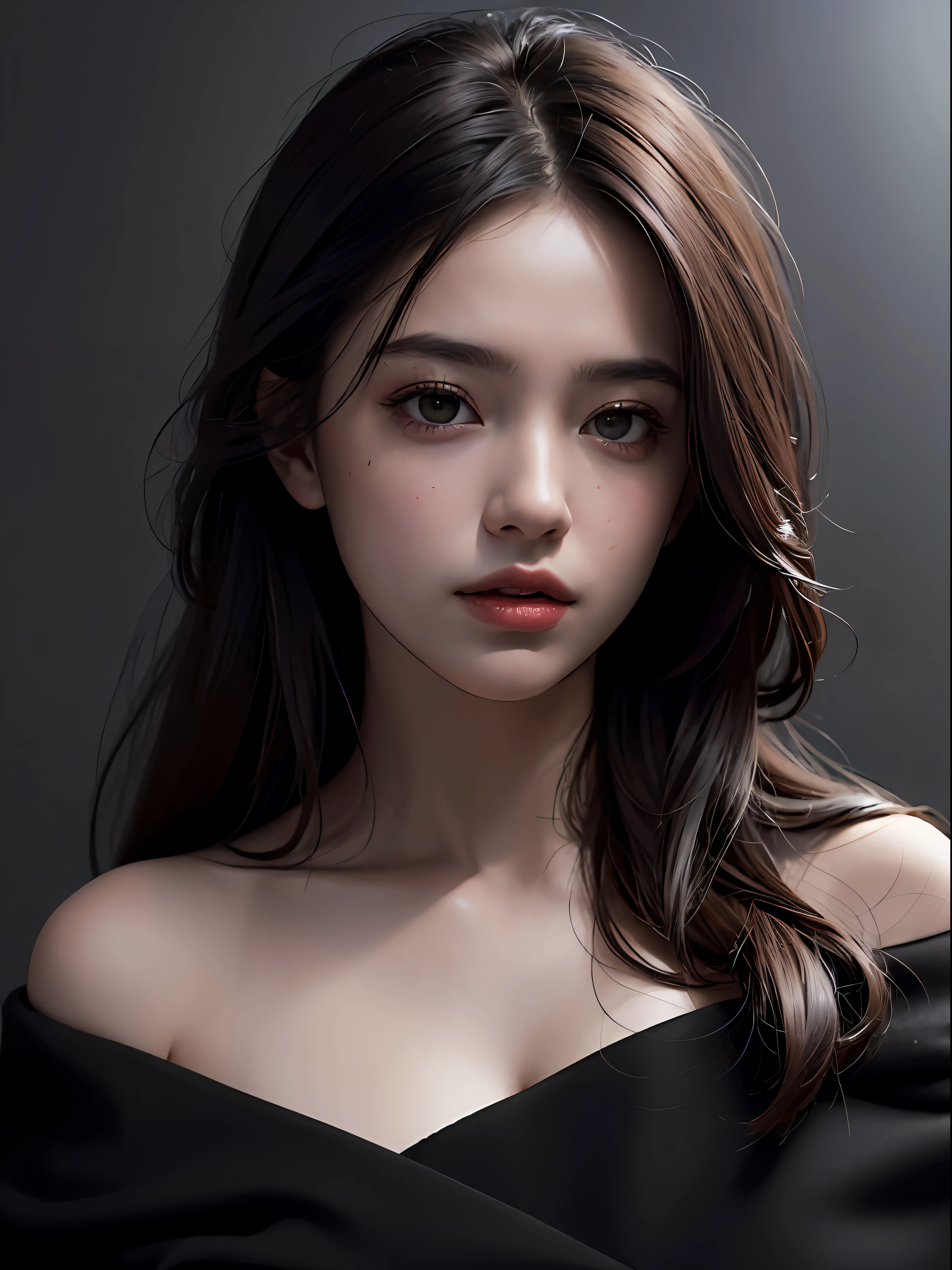 Best quality, masterpiece, ultra high res, (photorealistic:1.4), raw photo, 1girl, offshoulder, in the dark, deep shadow, low key, cold light