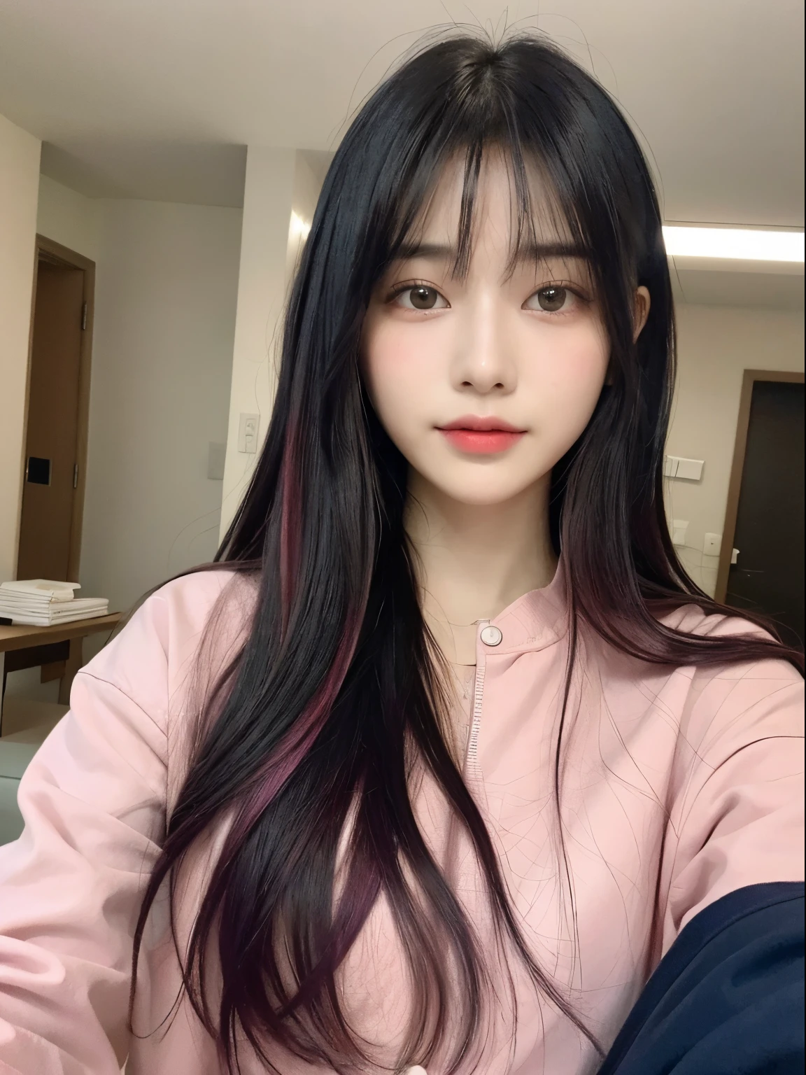 ((top-quality、8K、masterpiece:1.3))、1girl in、Super fine face、Delicat eyes、二重まぶた、a smile, hime-cut, Colored tips, jaket, long-sleeve, Medium hair, hair of Multi-colors, Parted bangs, Parted lips, portlate, 独奏, correct state of body、inner colored、Inner hair color、Poses variadas、The outer hair is black and the inner hair is pink.