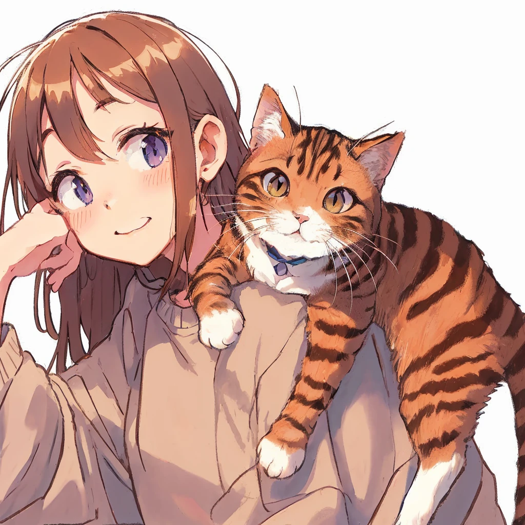 Brown-haired anime girl carrying a cat on her shoulders, anime cat, cute anime catgirl, Anime visuals of a cute cat, anime cat girl, Realistic anime cat, beautiful anime catgirl, big cheeks holding her cat, very beautiful cute catgirl, cat woman, Very beautiful anime cat girl, Cat ears anime girl, attractive cat girl, Cute cat，Purple clothes