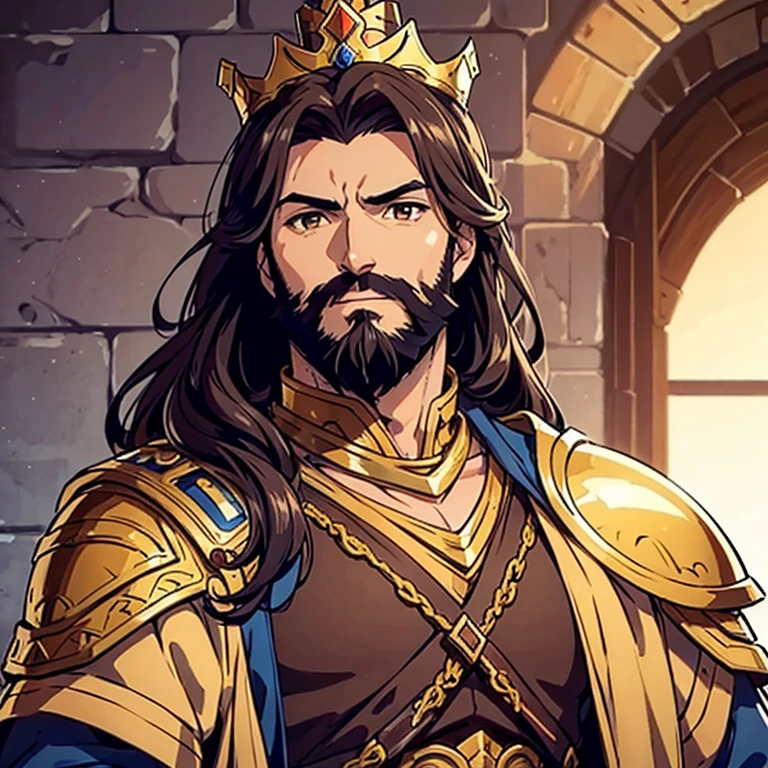 1guy, muscular, Sun kissed, dark brown hair and beard, brown eyes, wearing armor, wearing a blue and gold crown