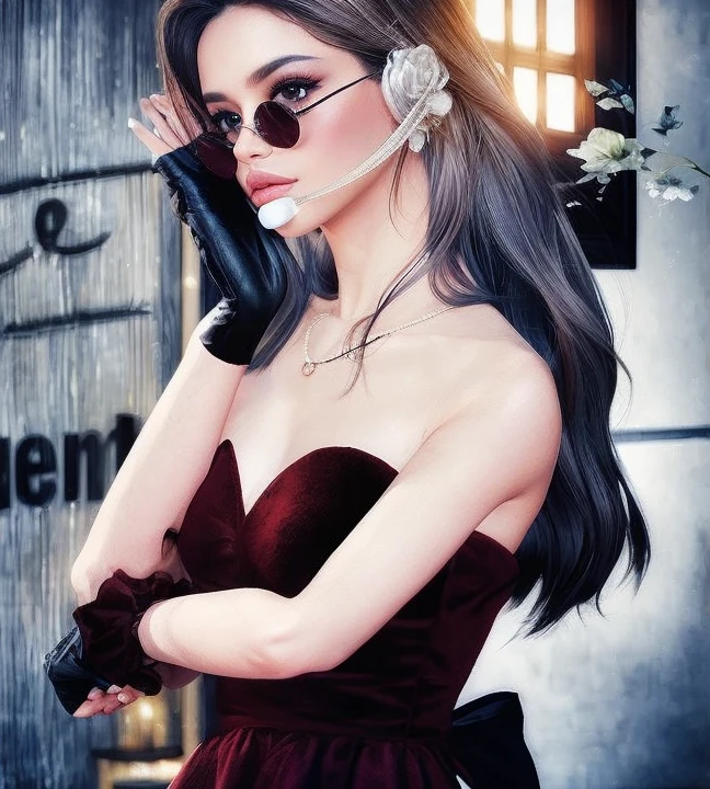 best quality, ultra high res, (photorealistic:1.4), masterpiece, 1girl, brown skin color, brown_eyes, from_behind, fur_trim, hair_over_one_eye, lips, long_hair, make up, looking_at_viewer, looking_back, nose, photo_\(medium\), photorealistic, realistic, solo, teeth, upper_body