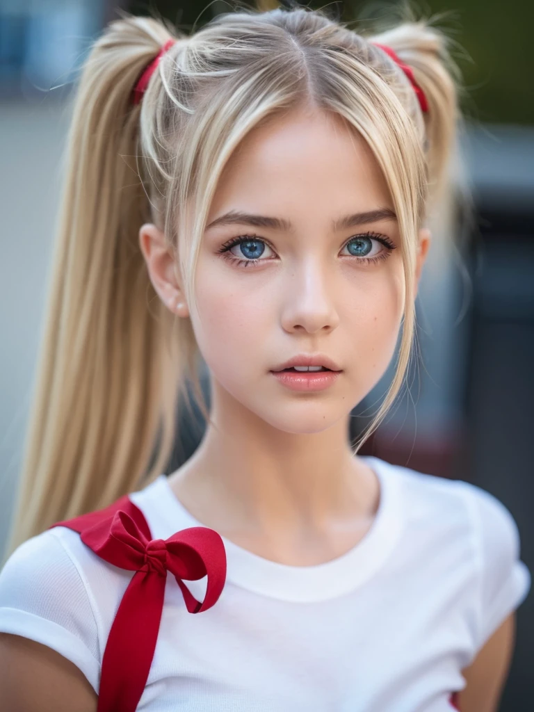 "(Best Quality,High resolution,Ultra-realistic:1.2),Detailed Focus,Realistic portraits,Delicate art,1girl, 21yo, blonde hair, very long hair, twintails, red ribbon, blue eyes, shy, ,akizuki airi, blonde_hair, blue eyes, twintails, very_long_hair, hair_ornament red, hair_scrunchie red, big_breasts,akizuki airi, blonde_hair, blue eyes, twintails, very_long_hair, hair_ornament red, hair_scrunchie red, big_breasts, white shirt, open shirt, Nipples, blue jeans shorts, belt red, wearing black socks, thighhigh socks