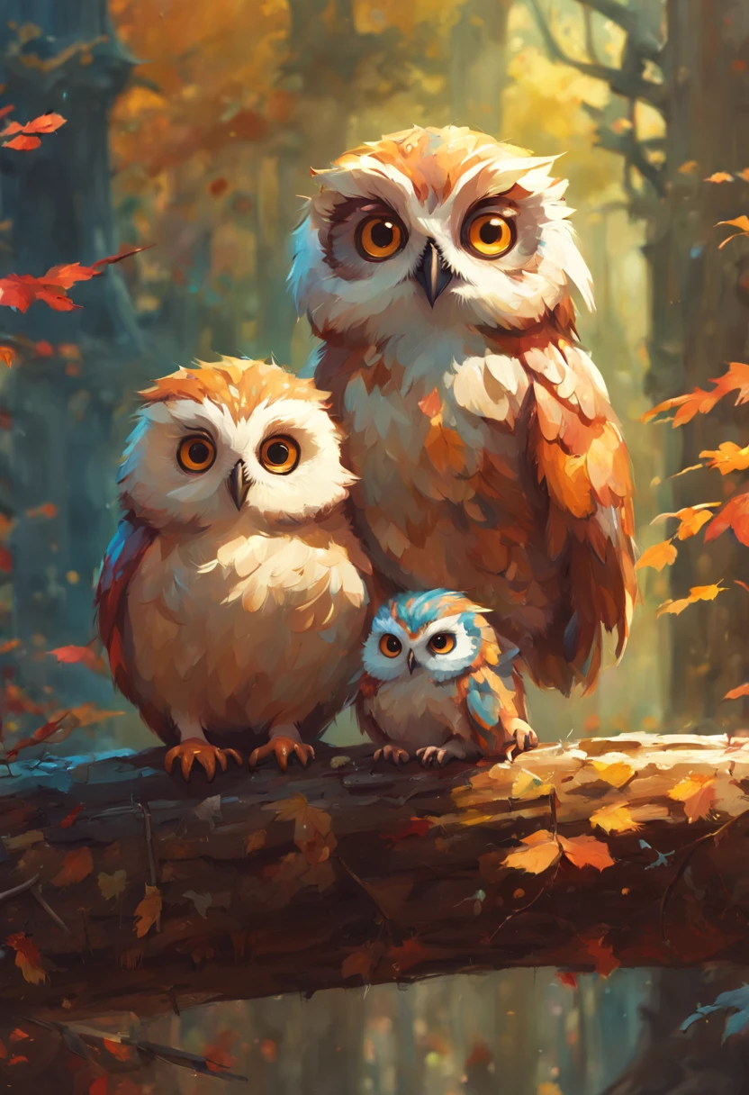 "Portrait of a round fluffy cute baby owl family!!!", by Ismail Inceoglu, james jean, Anton Fadeev and Yoshitaka Amano, insanely detailed, 8k resolution, digital art, trending on artstation, Vibrant Colours, chibi style, a masterpiece, adorable friendly lovely