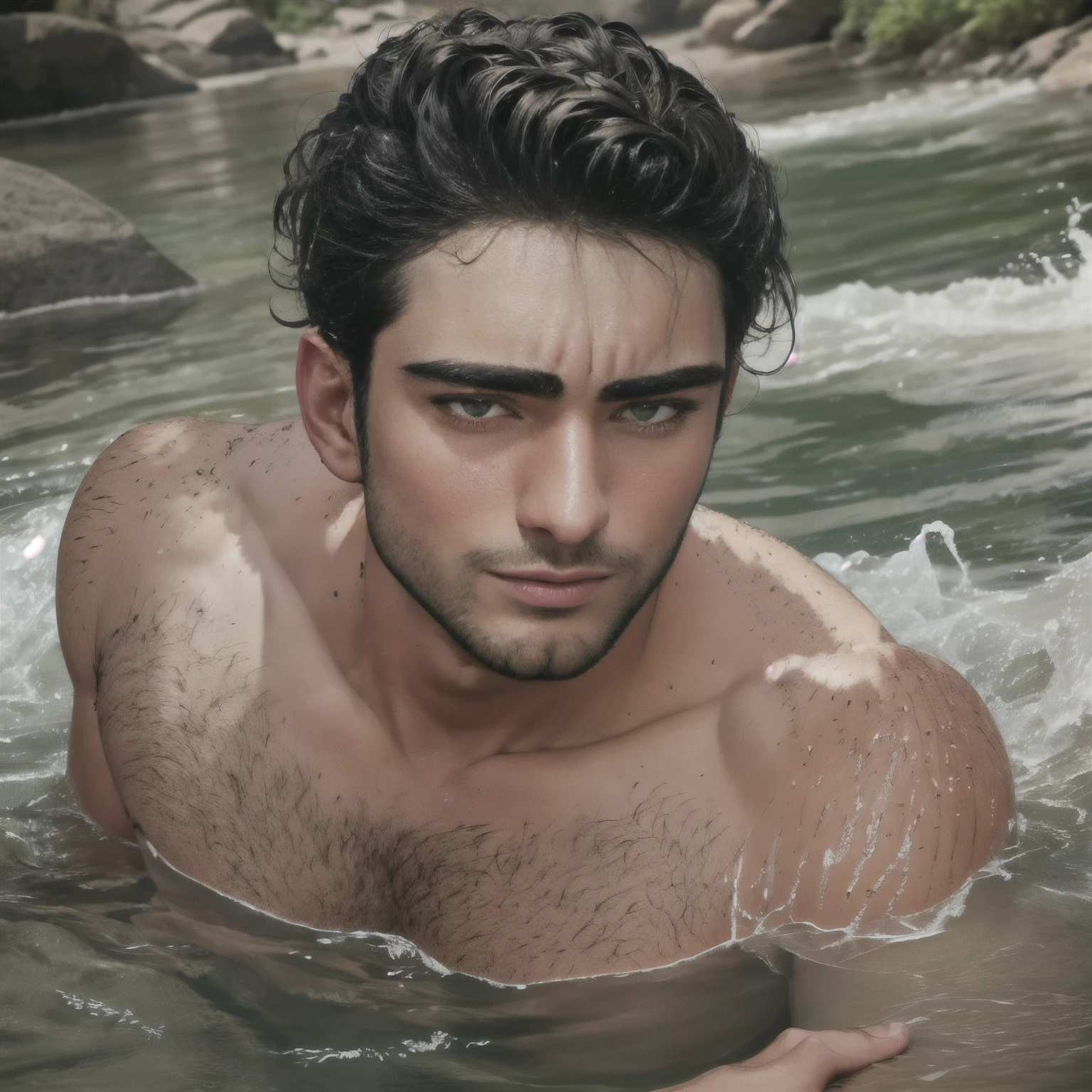 ultrahigh resolution, La mejor calidad, Cinematographer, 4k, (fotorrealista: 1.4), cinematic lighting, Handsome 30 year old man bathing in the river......, barba, ojos verdes