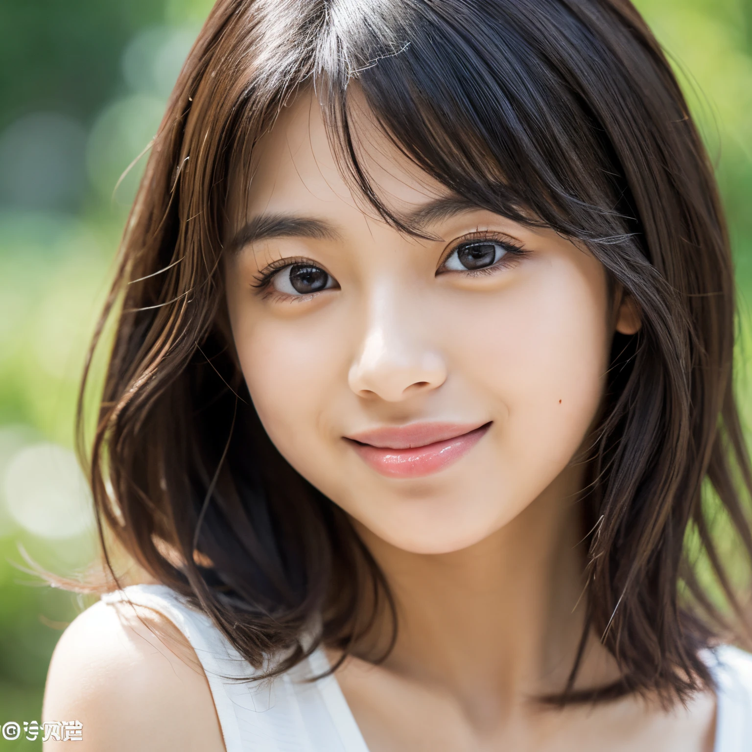 Best-quality, Masterpiece, Ultra-High-Resolution, (Photorealistic:1.4), Raw-Photo, Extremely-Details, Perfect-Anatomy, 1girl, 18-years-old, most popular Japanese idol, portrait, face focus, innocent smile, extremely cute childish face, extremely beautiful big black solid circle eyes, extremely beautiful black short cut haired, extremely beautiful realistic skins, extremely beautiful lips, extremely beautiful long eyelashes, extremely beautiful tongue,