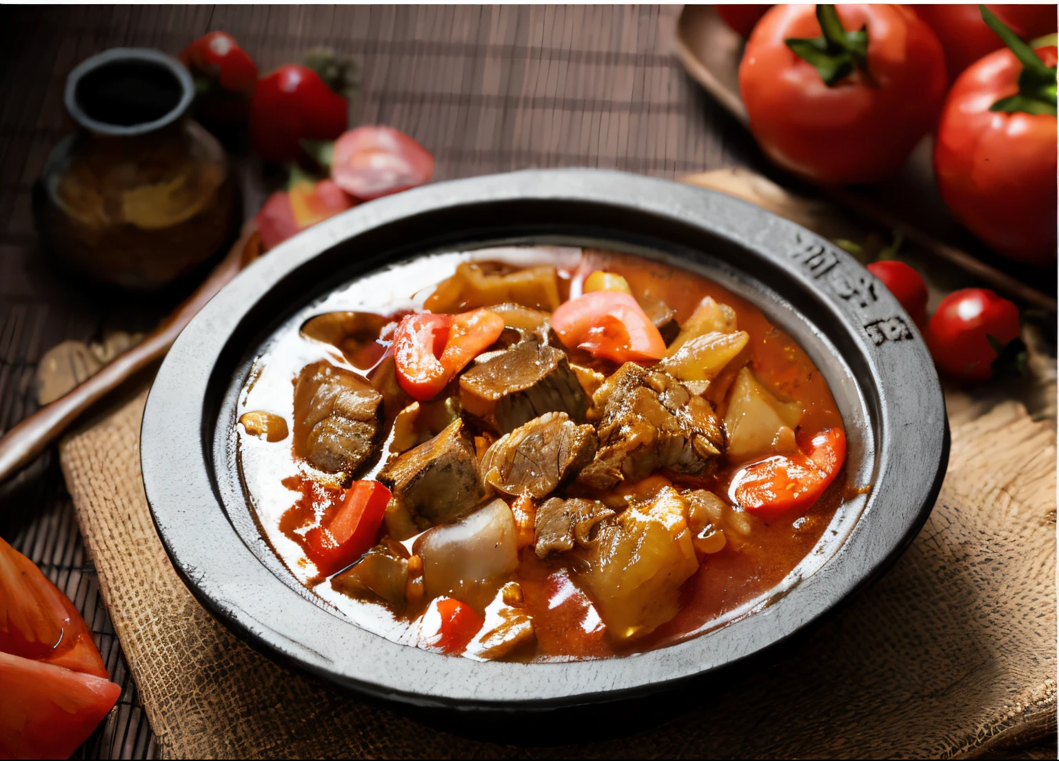 There  a bowl of stew on the table, stew, beef, pans, , The warm, passed on, Detailed picture, shrine maiden, Lomosaltado, Chinese traditional, High quality food photography, Uptrend ，, author：Juan O'Gorman, chineseidol, High quality photos, Moroccan, Bottom corner, sichuan, Shot with Sony A7R camera, masterection