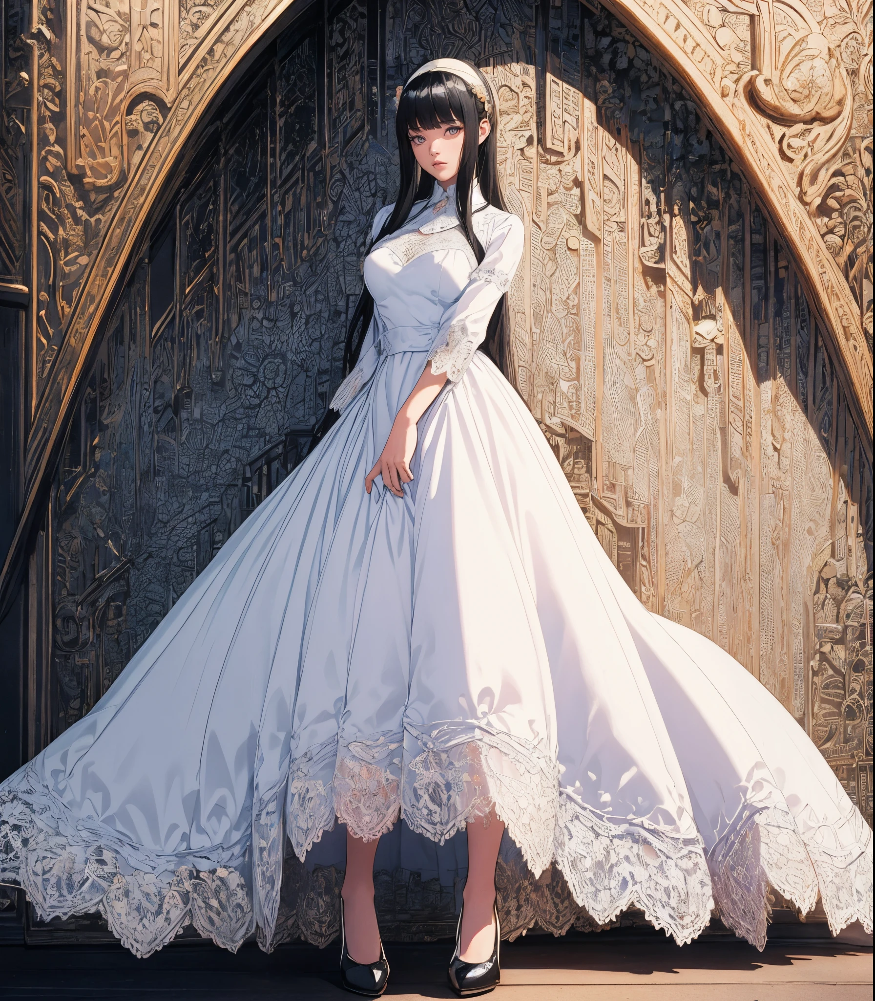 masterpiece, best quality, best illustration, HDR, beautiful details, intricate details, detailed scenery, dramatic light, best shadow, (full body), Yor_Briar, (1girl), twintails, sidelocks, black hair, white hairband, thighs, black high heels, ((intricate white lace lingerie)), (detailed beautiful eyes)