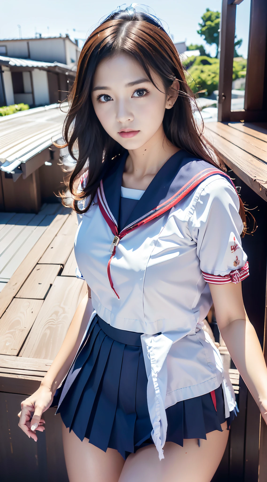 Beautifully arranged pleated skirt in navy blue、Only one vertical red line is visible