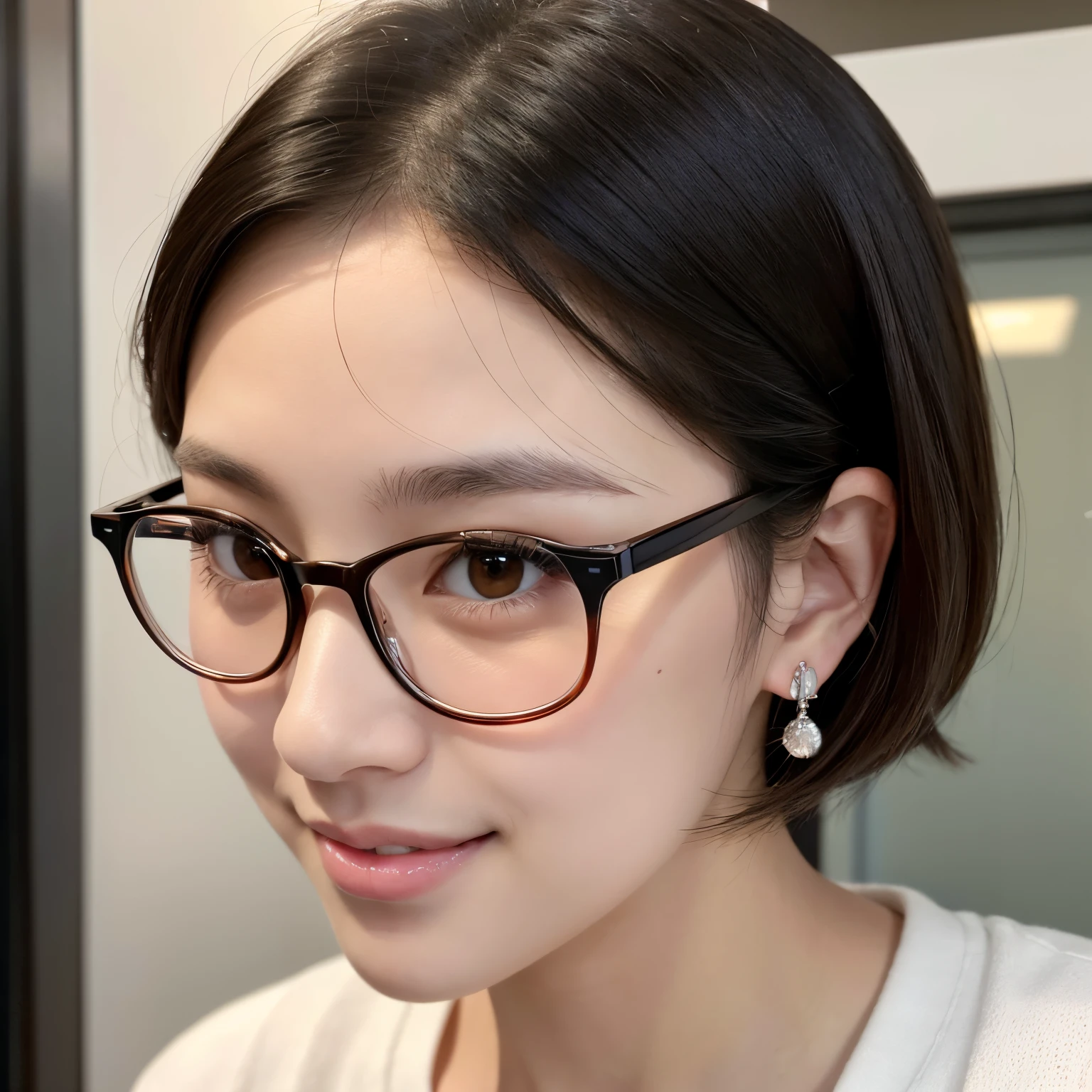 Best-quality, Masterpiece, Ultra-High-Resolution, (Photorealistic:1.4), Raw-Photo, Extremely-Details, Perfect-Anatomy, 1girl, 18-years-old, most popular Japanese idol, portrait, face focus, innocent smile, extremely cute childish face, extremely beautiful big black solid circle eyes, extremely beautiful black short cut haired, extremely beautiful realistic skins, extremely beautiful lips, extremely beautiful long eyelashes, extremely beautiful teeth, wearing cute designed glasses, detailed glasses