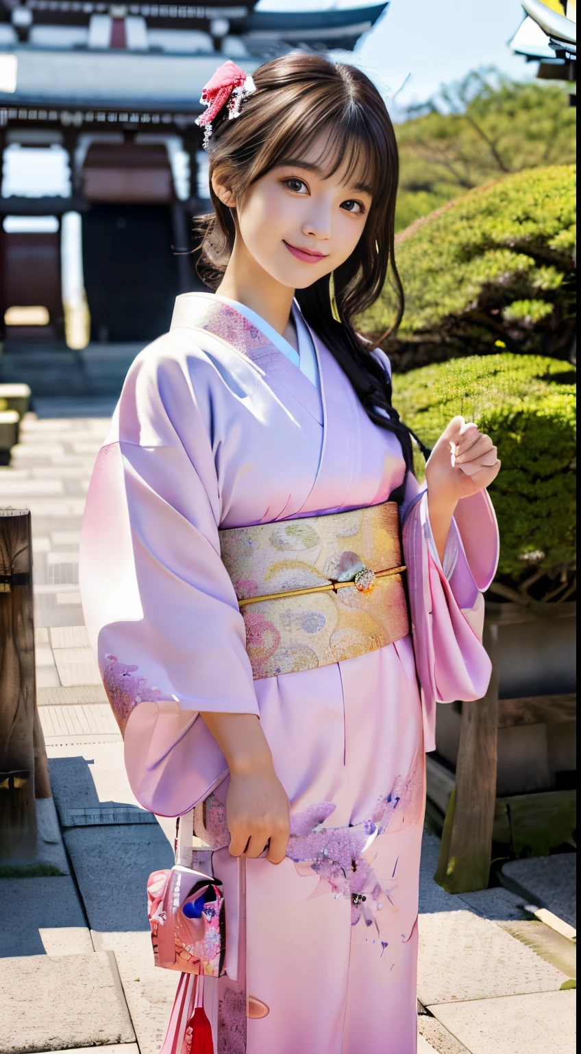White kimono、pink Japanese pattern、(Furisode:1.5)、tabi、(top grade)、1人の女性、sixteen years old、full body Esbian、A dark-haired、Bunching your hair back、(reallistic:1.7)、((Top image quality))、absurderes、(超A high resolution)、(Photorealsitic:1.6)、Photorealsitic、octane renderings、(hyper realisitic:1.2)、(photorealiscic face:1.2)、(8K)、(4K)、(​masterpiece)、(realistic skin textures)、(illustratio、Cinematographic lighting、wall-)、(beautidful eyes:1.2)、((((face perfect))))、(Cute face like an idol:1.2)、( Standing)、shrines、torii gate、(1 moon)、Detailed cute face、Realistic Beauty、A smile、