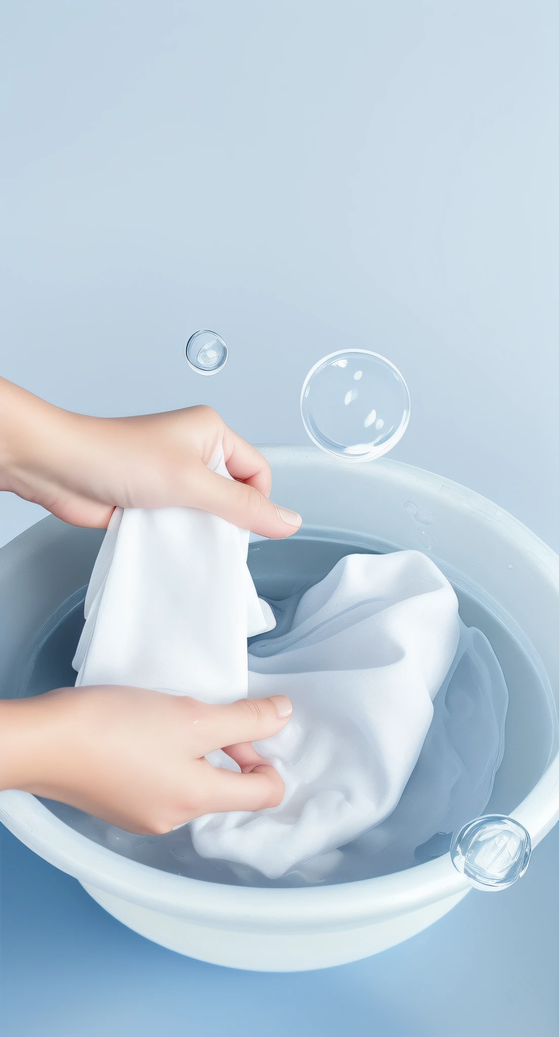 Someone  washing clothes in a bowl with soap bubbles, perfect  detail, washing machine, Clear detail, filled with water, soft and warm, wet fabric, cleanest image, The lines are clear and smooth, water stain, smooth clean texture, smooth clean surfaces, filled with water, real reality images, Exquisite and smooth details, Clean details, water to waste