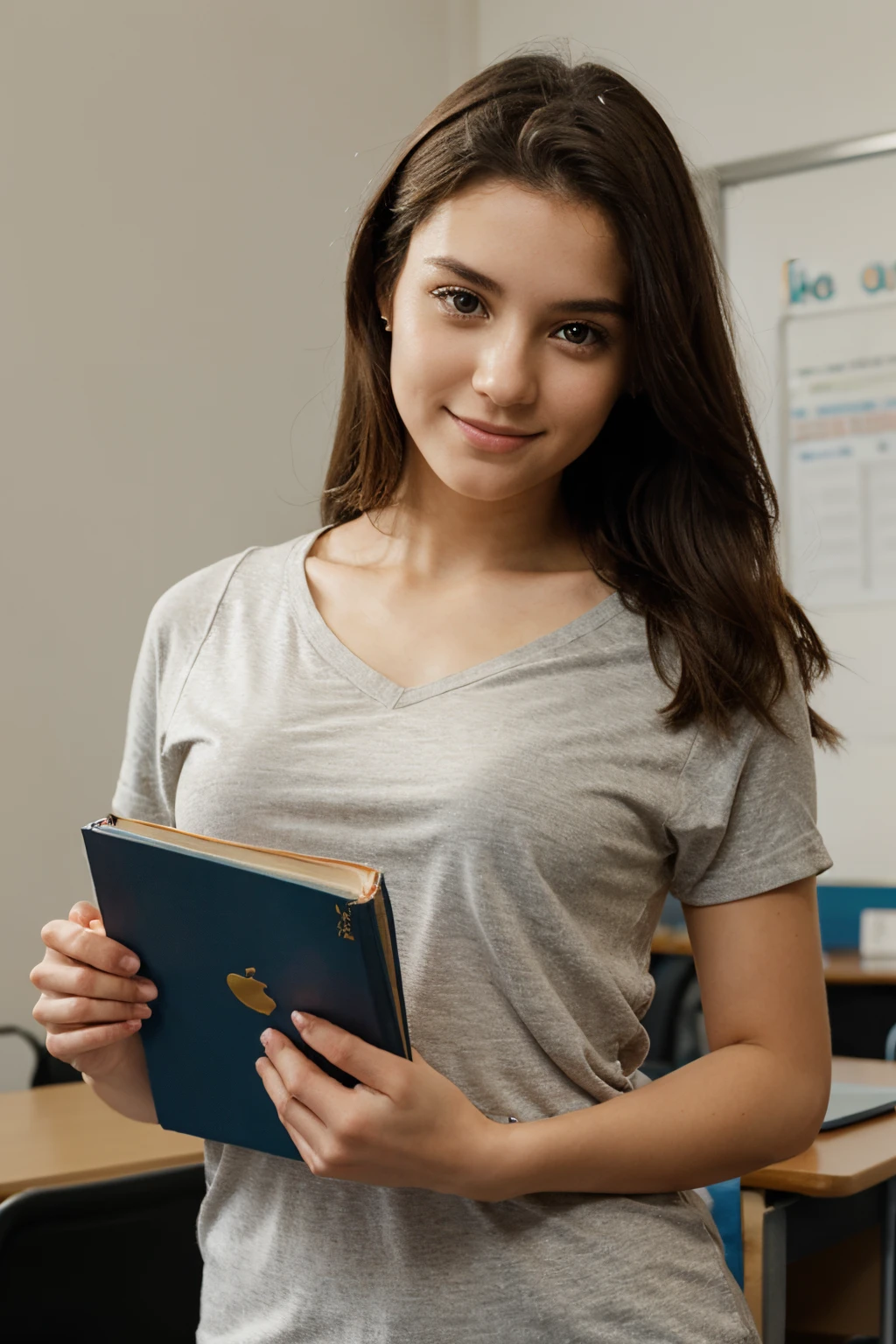half body portrait, a beautiful young 26-years-old female teacher, pretty slight smile, holding a book